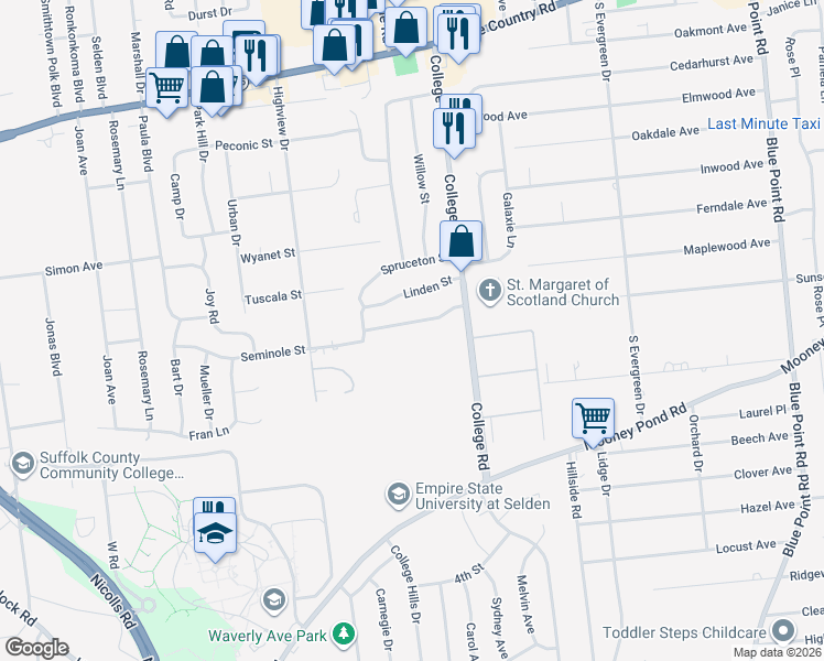 map of restaurants, bars, coffee shops, grocery stores, and more near 16 Palm Street in Selden