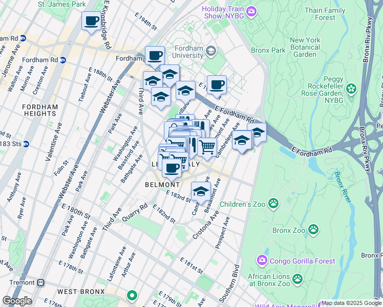 map of restaurants, bars, coffee shops, grocery stores, and more near 611 East 187th Street in Bronx