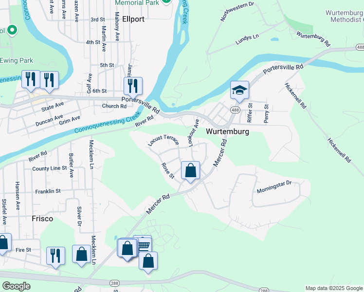 map of restaurants, bars, coffee shops, grocery stores, and more near 215 Locust Terrace in Ellwood City