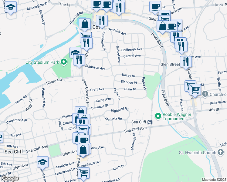 map of restaurants, bars, coffee shops, grocery stores, and more near 10 Taylor Drive in Glen Cove