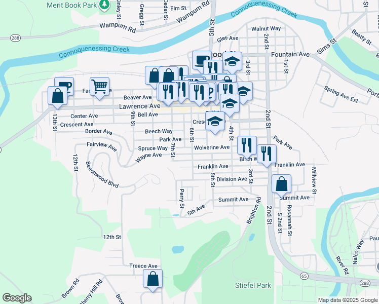 map of restaurants, bars, coffee shops, grocery stores, and more near 526 6th Street in Ellwood City
