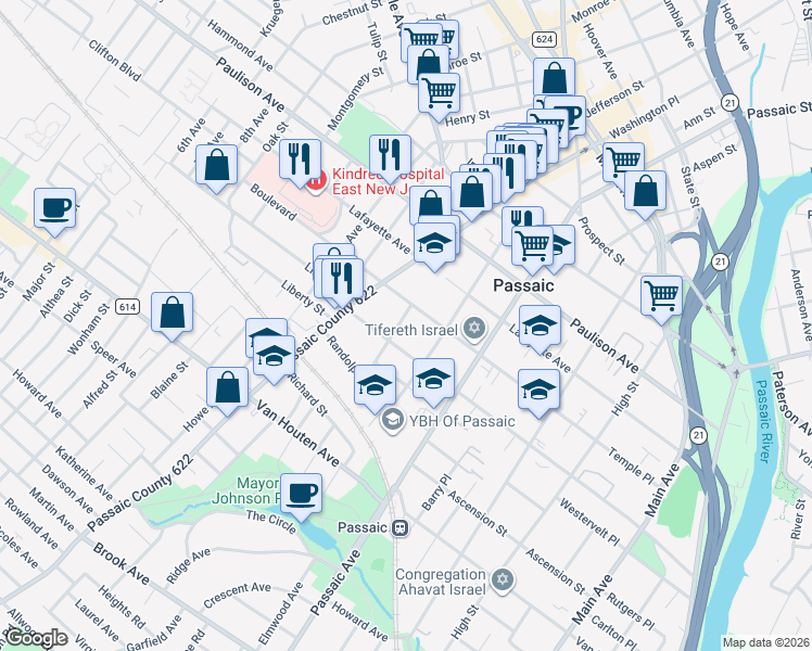 map of restaurants, bars, coffee shops, grocery stores, and more near 237 Boulevard in Passaic