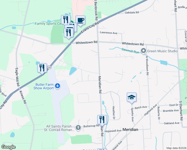 map of restaurants, bars, coffee shops, grocery stores, and more near 220 Meridian Road in Meridian