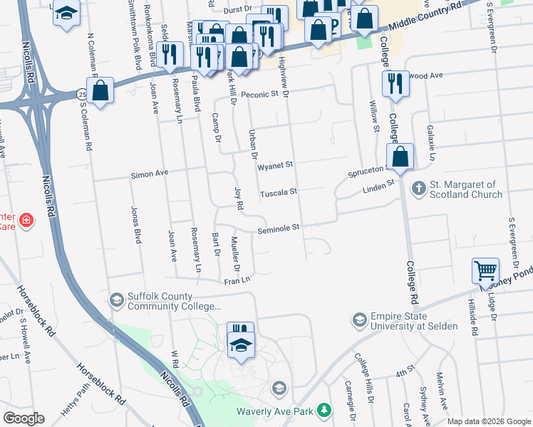 map of restaurants, bars, coffee shops, grocery stores, and more near 31 Joy Road in Selden