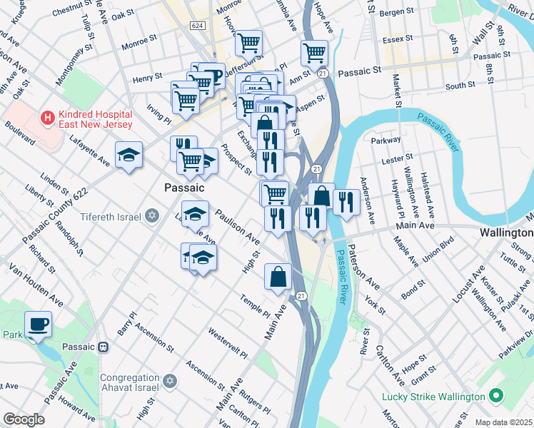 map of restaurants, bars, coffee shops, grocery stores, and more near 85 Gregory Avenue in Passaic