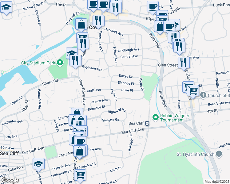map of restaurants, bars, coffee shops, grocery stores, and more near 10 Taylor Drive in Glen Cove