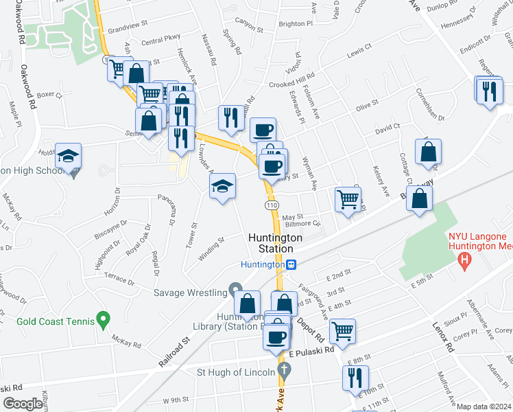 map of restaurants, bars, coffee shops, grocery stores, and more near 92 Town House Road North in Huntington Station