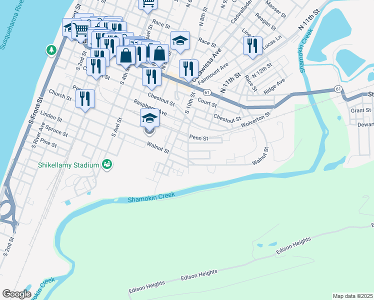 map of restaurants, bars, coffee shops, grocery stores, and more near 237 Lenker Avenue in Sunbury