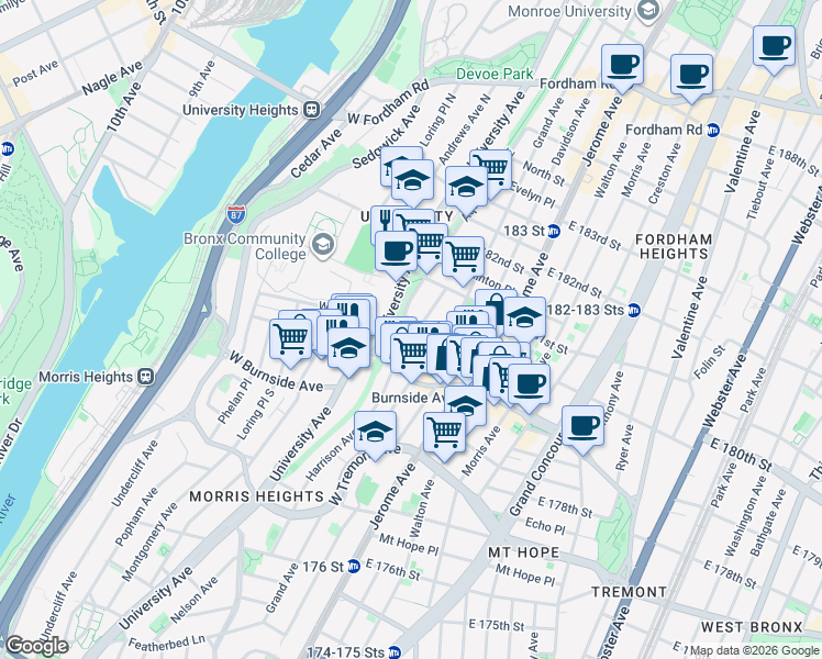 map of restaurants, bars, coffee shops, grocery stores, and more near 66 West 180th Street in Bronx
