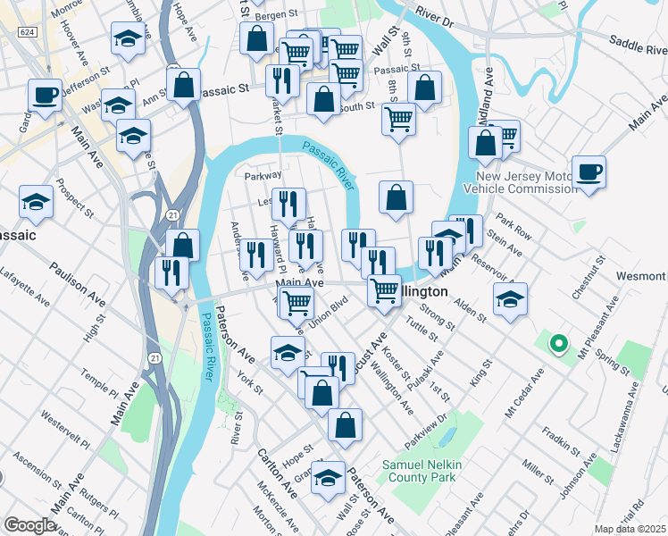 map of restaurants, bars, coffee shops, grocery stores, and more near 108 Hathaway Street in Wallington