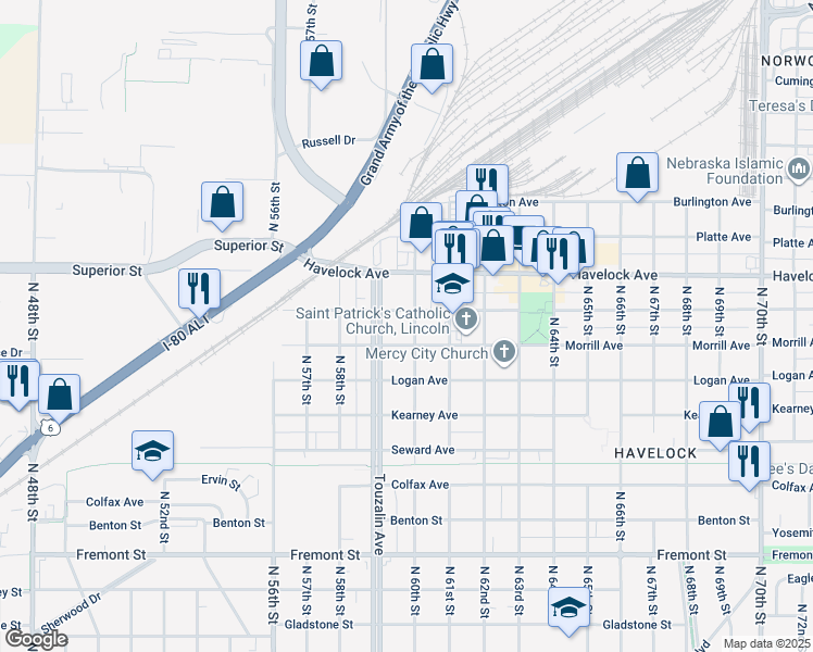 map of restaurants, bars, coffee shops, grocery stores, and more near 4225 North 60th Street in Lincoln