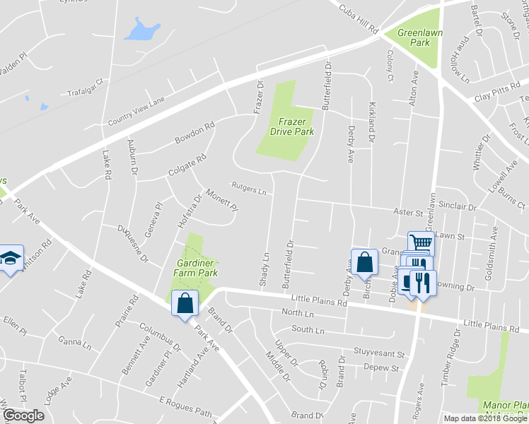 map of restaurants, bars, coffee shops, grocery stores, and more near 45A Shady Lane in Huntington