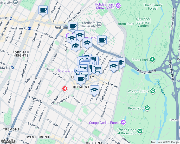 map of restaurants, bars, coffee shops, grocery stores, and more near 611 East 187th Street in Bronx