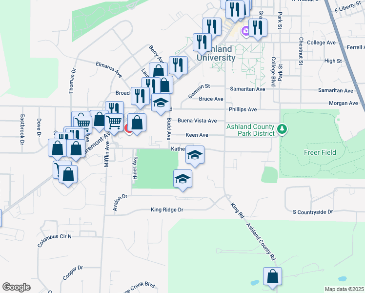 map of restaurants, bars, coffee shops, grocery stores, and more near 698 Katherine Avenue in Ashland