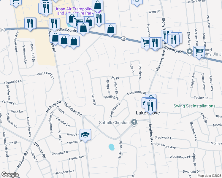 map of restaurants, bars, coffee shops, grocery stores, and more near 13 Bragg Drive in Lake Grove