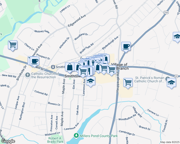 map of restaurants, bars, coffee shops, grocery stores, and more near 52 New York 25A in Smithtown