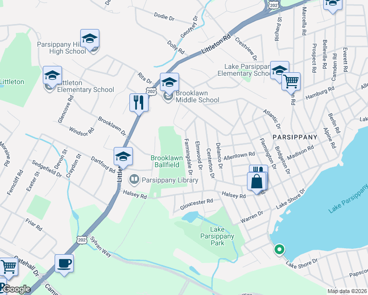 map of restaurants, bars, coffee shops, grocery stores, and more near 108 Farmingdale Drive in Parsippany-Troy Hills
