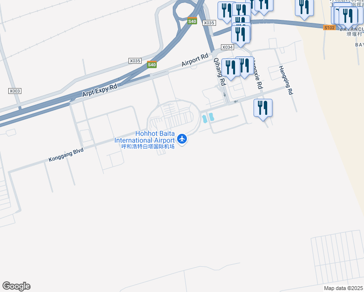 map of restaurants, bars, coffee shops, grocery stores, and more near Kong Gang Da Dao in Hu He Hao Te Shi