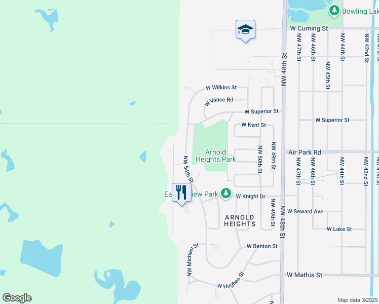 map of restaurants, bars, coffee shops, grocery stores, and more near 4124 Northwest 54th Street in Lincoln