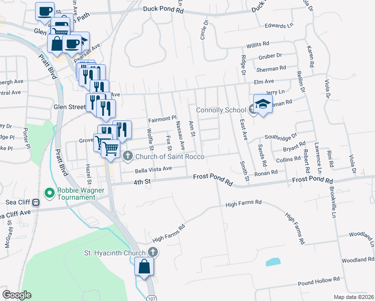 map of restaurants, bars, coffee shops, grocery stores, and more near 55 Nassau Avenue in Glen Cove