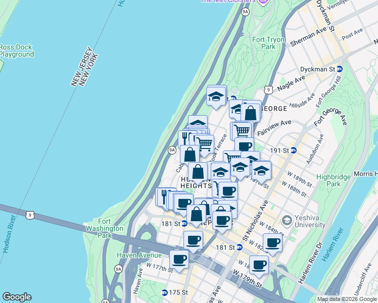 map of restaurants, bars, coffee shops, grocery stores, and more near Cabrini Blvd & W 187th St in New York