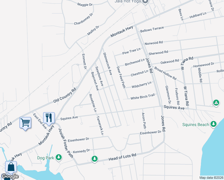 map of restaurants, bars, coffee shops, grocery stores, and more near 36 Shinnecock Avenue in East Quogue