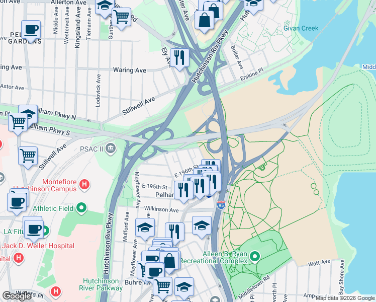 map of restaurants, bars, coffee shops, grocery stores, and more near 1874 Pelham Parkway South in Bronx