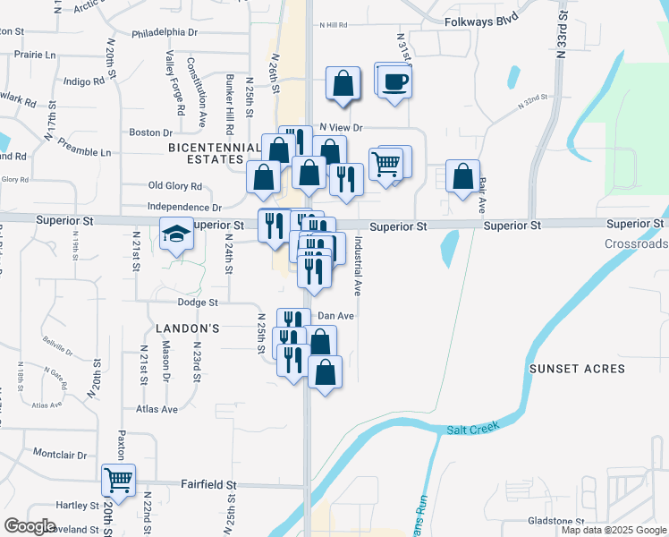 map of restaurants, bars, coffee shops, grocery stores, and more near 4231 Hendricks Lane in Lincoln