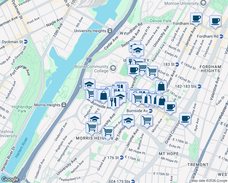 map of restaurants, bars, coffee shops, grocery stores, and more near in The Bronx