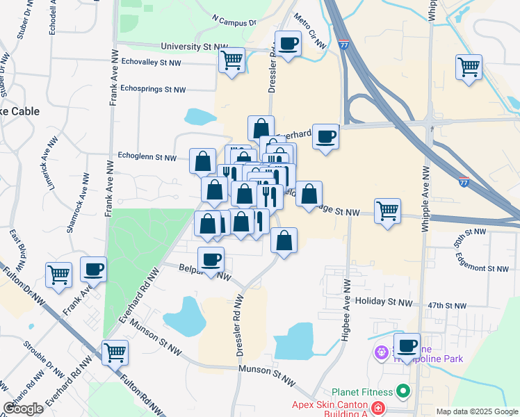 map of restaurants, bars, coffee shops, grocery stores, and more near 5125 Dressler Road Northwest in Canton
