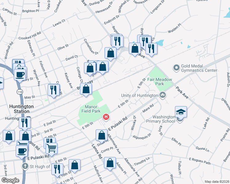 map of restaurants, bars, coffee shops, grocery stores, and more near 1700 East 5th Street in Huntington Station