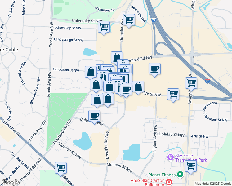 map of restaurants, bars, coffee shops, grocery stores, and more near 5125 Dressler Road Northwest in Canton