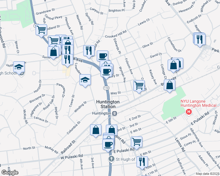 map of restaurants, bars, coffee shops, grocery stores, and more near 1090 New York Avenue in Huntington Station