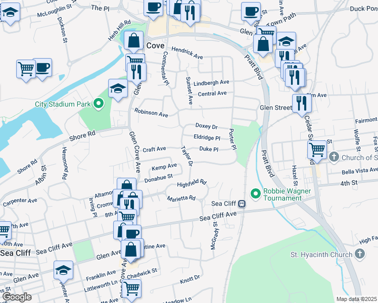 map of restaurants, bars, coffee shops, grocery stores, and more near 10 Taylor Drive in Glen Cove