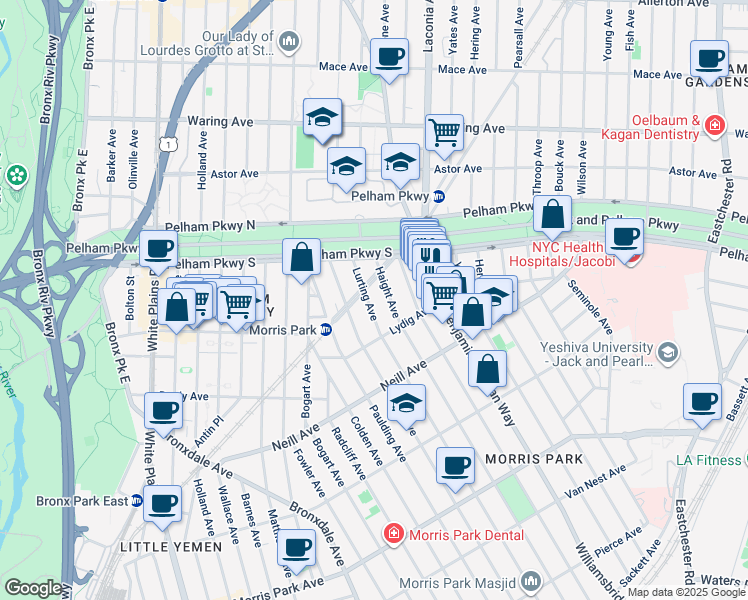map of restaurants, bars, coffee shops, grocery stores, and more near 2145 Lurting Avenue in Bronx