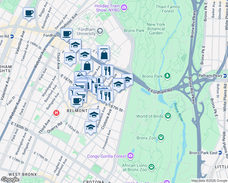 map of restaurants, bars, coffee shops, grocery stores, and more near 2445 Beaumont Avenue in Bronx