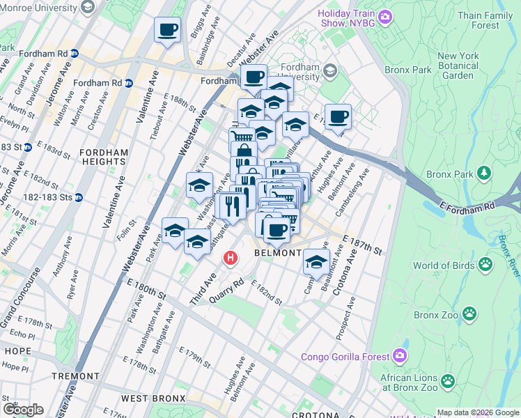 map of restaurants, bars, coffee shops, grocery stores, and more near 2360 Lorillard Place in The Bronx