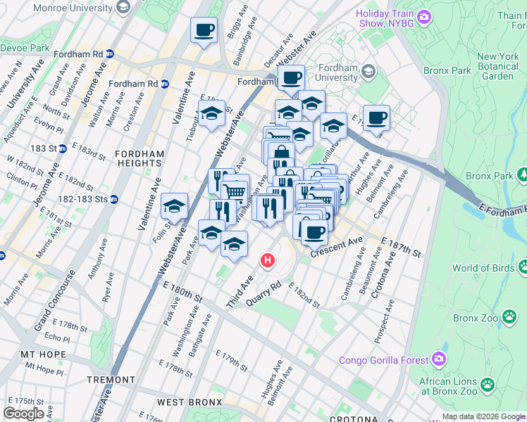 map of restaurants, bars, coffee shops, grocery stores, and more near in The Bronx