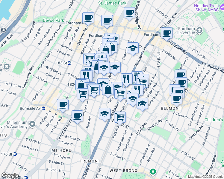 map of restaurants, bars, coffee shops, grocery stores, and more near 2240 Tiebout Avenue in Bronx