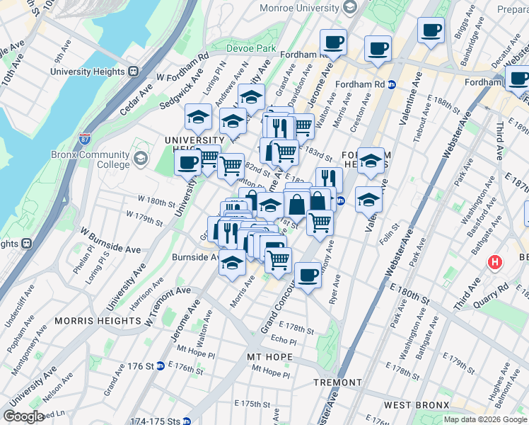 map of restaurants, bars, coffee shops, grocery stores, and more near 2151 Walton Avenue in Bronx