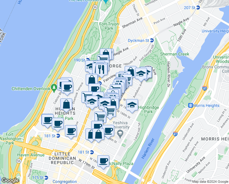 map of restaurants, bars, coffee shops, grocery stores, and more near 341 Wadsworth Avenue in New York
