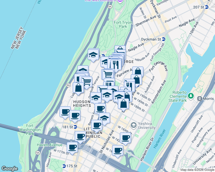 map of restaurants, bars, coffee shops, grocery stores, and more near 4411 Broadway in New York