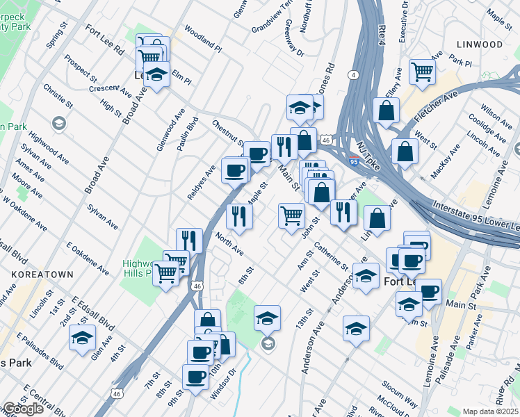 map of restaurants, bars, coffee shops, grocery stores, and more near 7 Hazlitt Avenue in Fort Lee