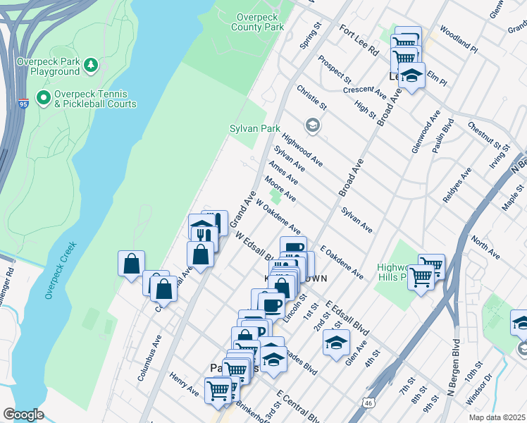 map of restaurants, bars, coffee shops, grocery stores, and more near 76B West Oakdene Avenue in Palisades Park