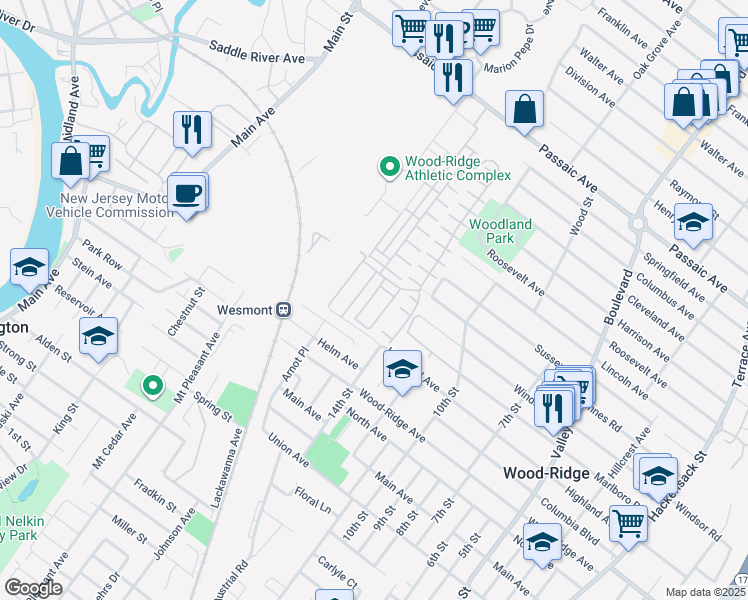 map of restaurants, bars, coffee shops, grocery stores, and more near 100 Marshall Lane in Wood-Ridge