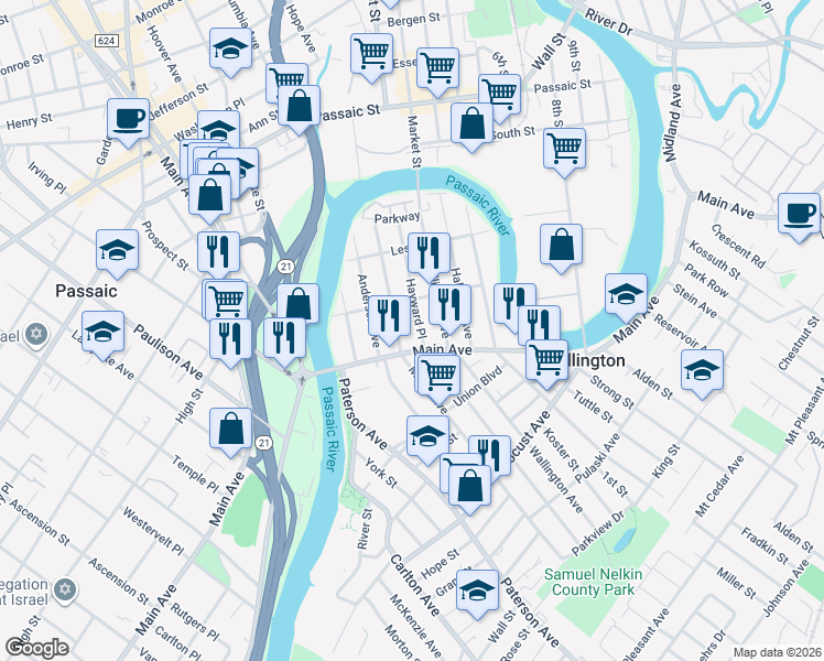 map of restaurants, bars, coffee shops, grocery stores, and more near 91 Maple Avenue in Wallington