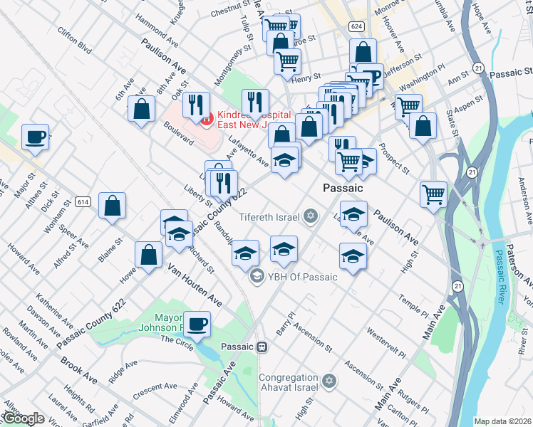 map of restaurants, bars, coffee shops, grocery stores, and more near 237 Boulevard in Passaic