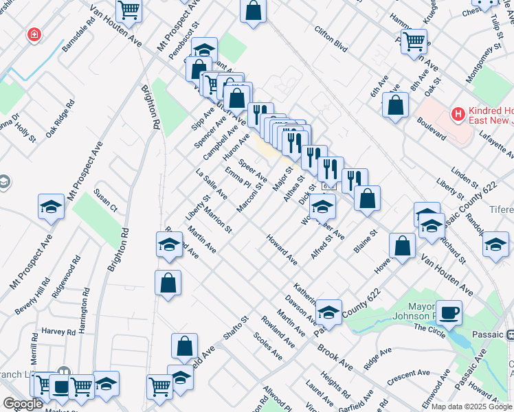 map of restaurants, bars, coffee shops, grocery stores, and more near 76 Major Street in Clifton