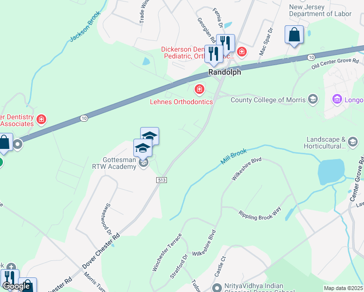 map of restaurants, bars, coffee shops, grocery stores, and more near 132 Dover Chester Road in Randolph