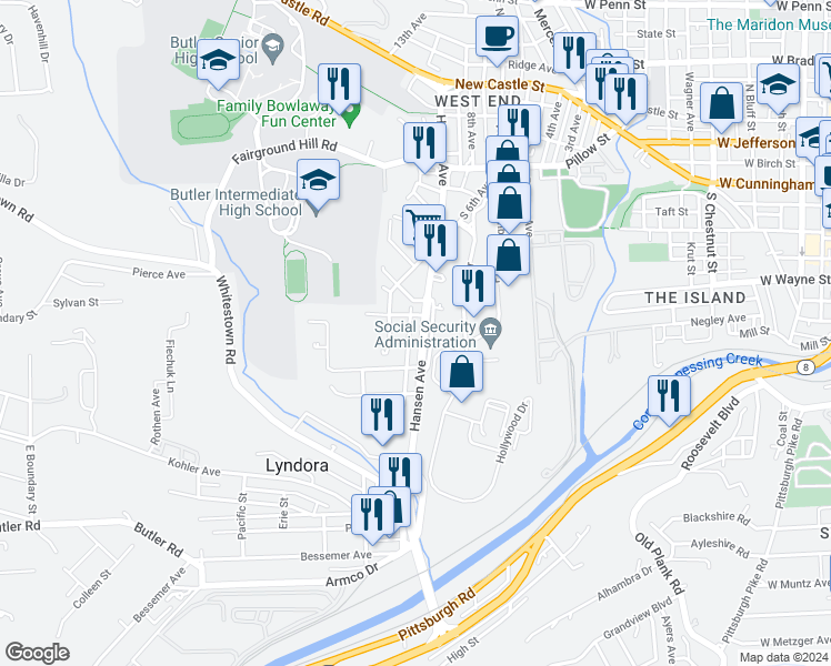 map of restaurants, bars, coffee shops, grocery stores, and more near 107 Peterson Street in Lyndora